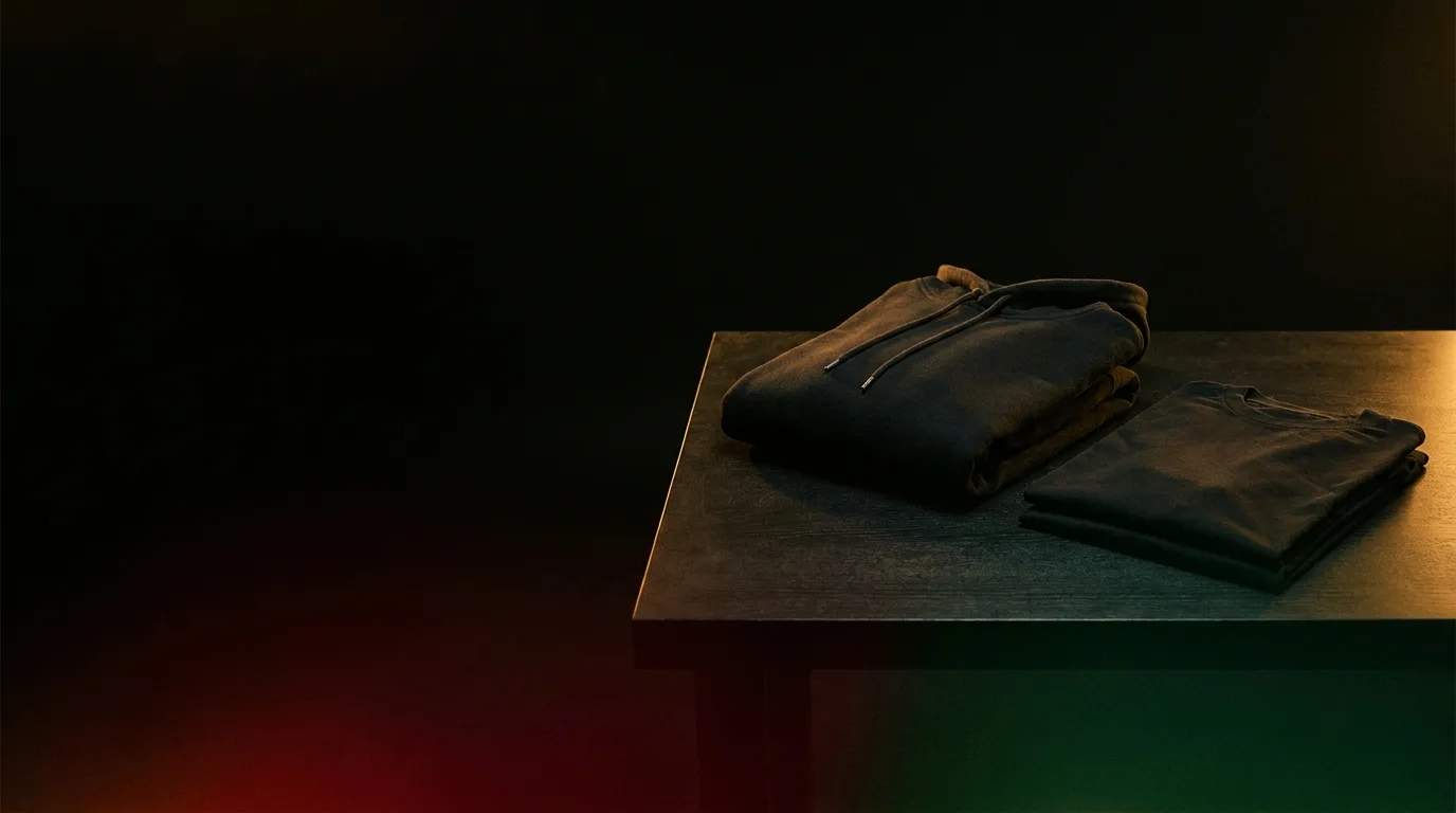 Black SHEM PARTY hoodie and tee on a table